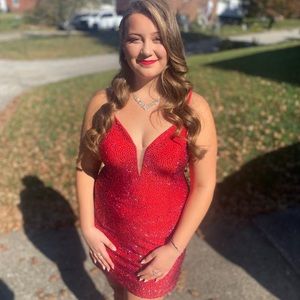 Red bead/sequins Sophia Thomas Hoco Gown Sz 18. Short.